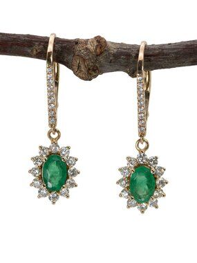 Zambian Emerald & Diamond Sunburst Earrings in Solid 14k Yellow Gold
